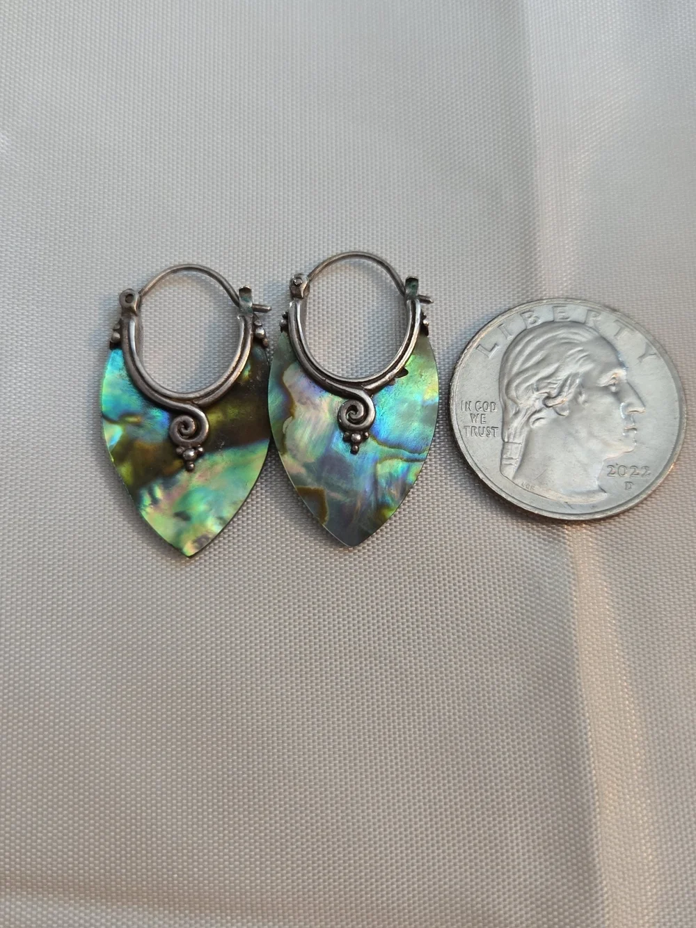 Sterling Silver Abalone Shell Teardrop Hoop Earrings - Iridescent Green - Picture 4 of 4